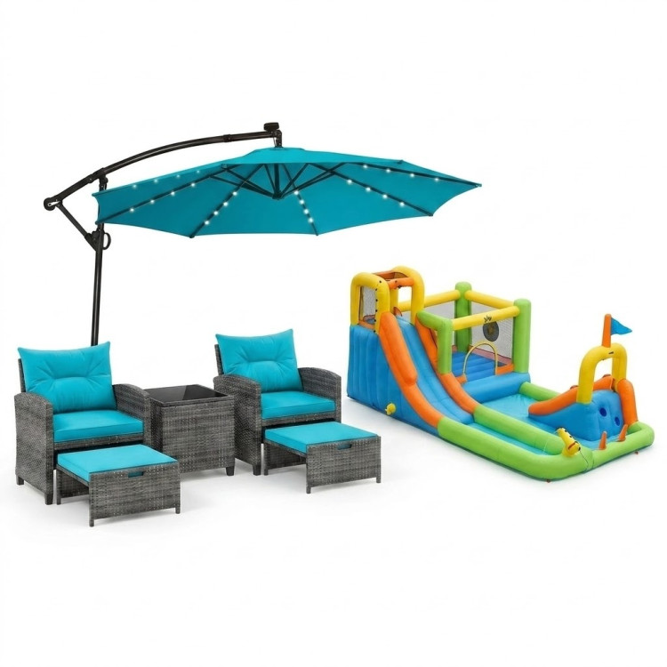 Summer Patio Luxury Bundle: 5-Pc Rattan Furniture Set, 8-in-1 Water Slide & 10ft LED Offset Umbrella