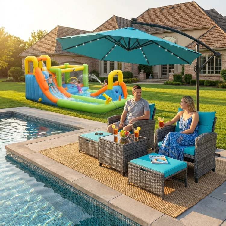 Summer Patio Luxury Bundle: 5-Pc Rattan Furniture Set, 8-in-1 Water Slide & 10ft LED Offset Umbrella - Image 2