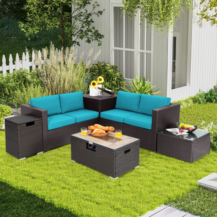 6 Pieces Outdoor Wicker Furniture Set with 32 Inch Propane Fire Pit Table - Image 2