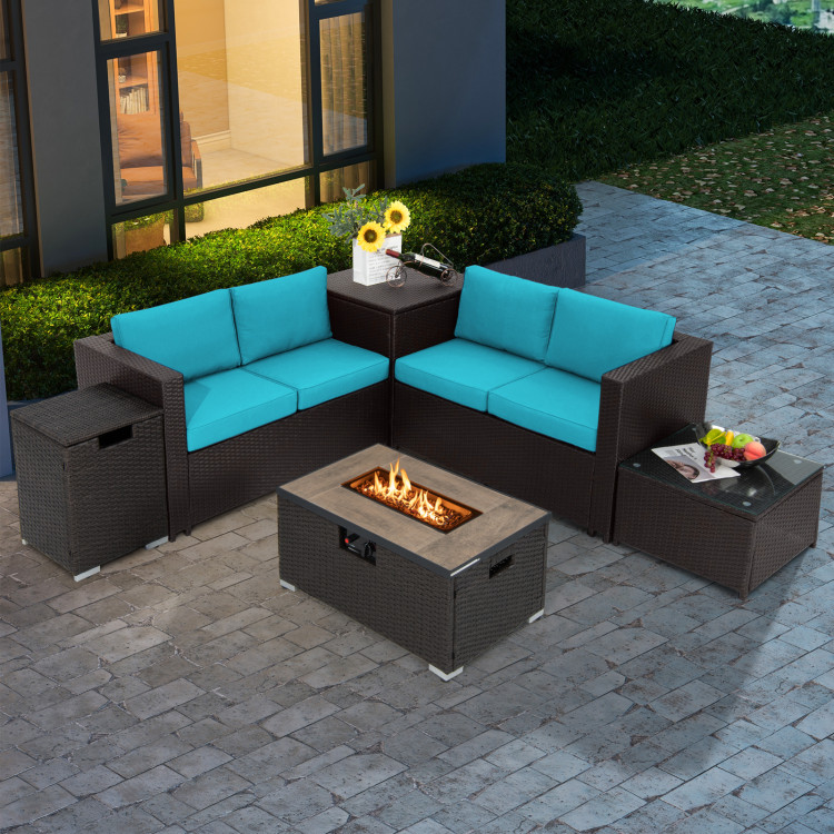 6 Pieces Outdoor Wicker Furniture Set with 32 Inch Propane Fire Pit Table - Image 3