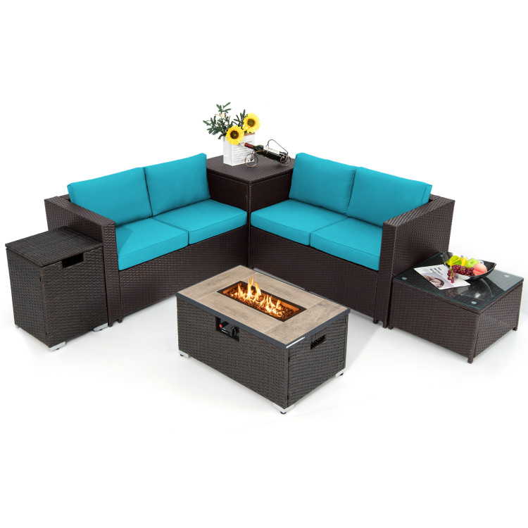 6 Pieces Outdoor Wicker Furniture Set with 32 Inch Propane Fire Pit Table - Image 4