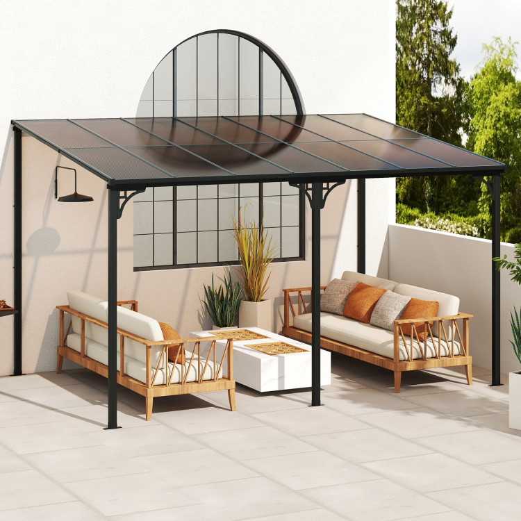 Wall-Mounted Patio Gazebo Large Outdoor Hardtop Pergola with Sloped Polycarbonate Roof - Image 2