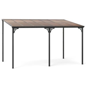 Wall-Mounted Patio Gazebo Large Outdoor Hardtop Pergola with Sloped Polycarbonate Roof