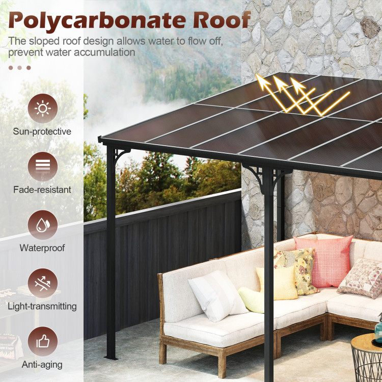 Wall-Mounted Patio Gazebo Large Outdoor Hardtop Pergola with Sloped Polycarbonate Roof - Image 6