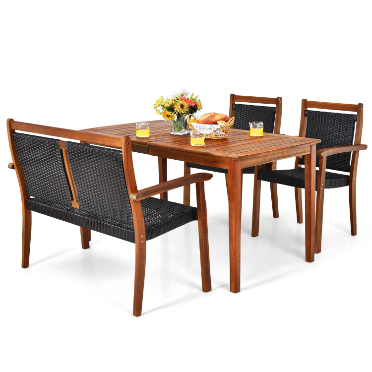 4 Pieces Acacia Wood Patio Rattan Dining Furniture Set - Image 4
