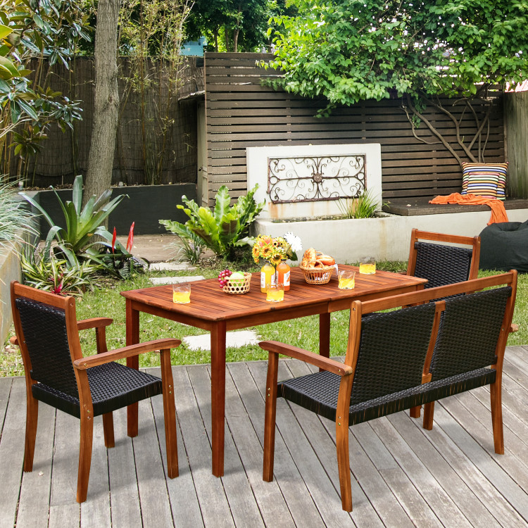 4 Pieces Acacia Wood Patio Rattan Dining Furniture Set - Image 2