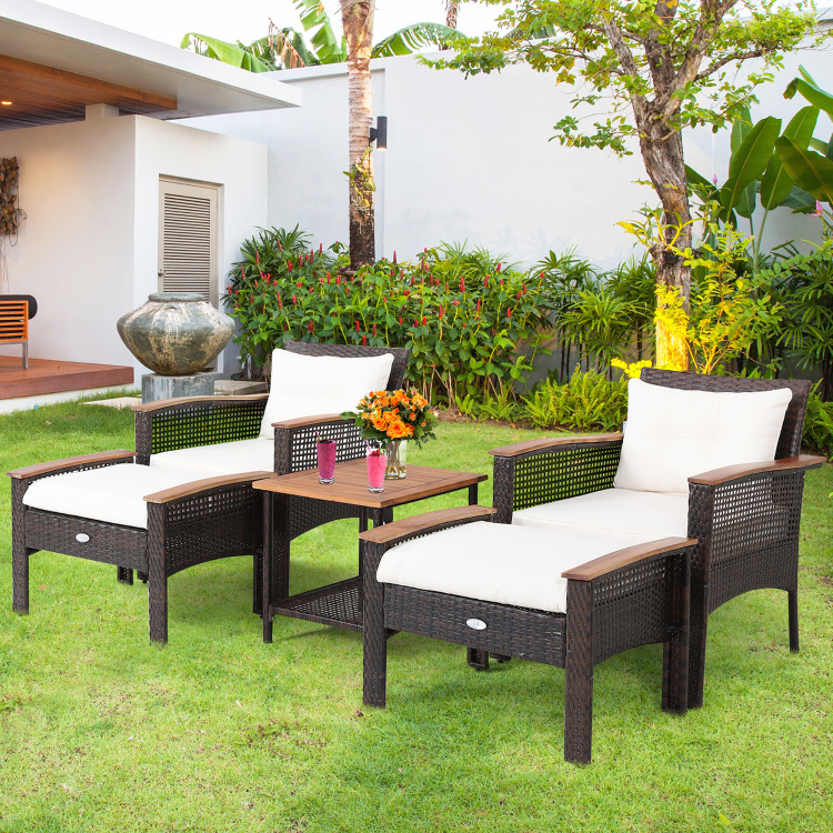 5 Pieces Patio Rattan Furniture Set with Acacia Wood Table - Image 2