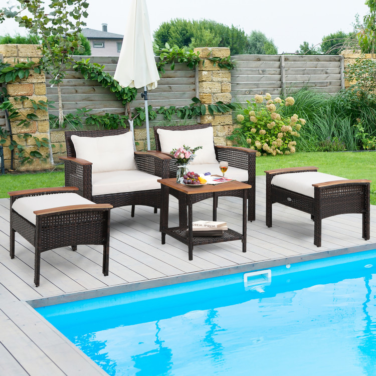 5 Pieces Patio Rattan Furniture Set with Acacia Wood Table - Image 6