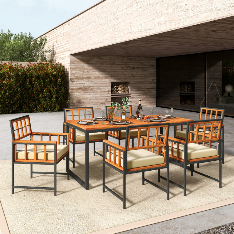 7 Pieces Patio Acacia Wood Dining Set with Soft Cushions and Umbrella Hole - Image 3