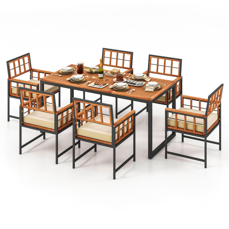 7 Pieces Patio Acacia Wood Dining Set with Soft Cushions and Umbrella Hole - Image 4