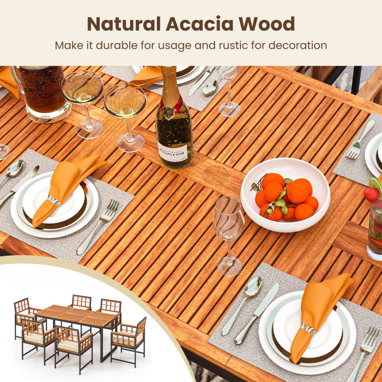 7 Pieces Patio Acacia Wood Dining Set with Soft Cushions and Umbrella Hole - Image 9