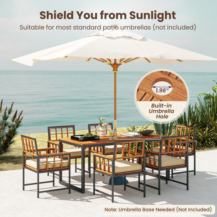7 Pieces Patio Acacia Wood Dining Set with Soft Cushions and Umbrella Hole - Image 8