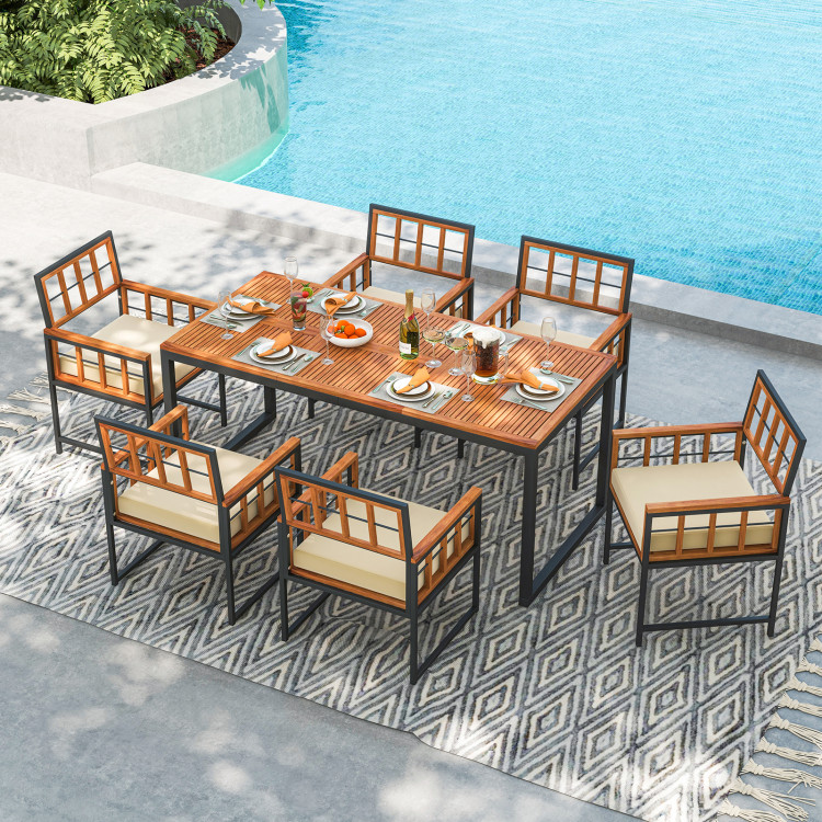 7 Pieces Patio Acacia Wood Dining Set with Soft Cushions and Umbrella Hole - Image 2