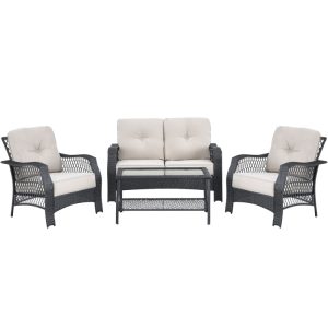 4 Pieces Patio Wicker Furniture Set with Coffee Table and Cushions