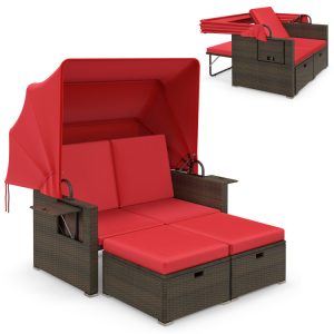 Outdoor Patio Rattan Daybed with Retractable Canopy and Adjustable Backrests