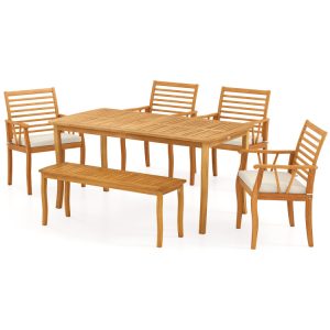 Acacia Wood Outdoor Table and Bench Chairs Set with 1.97 Inch Umbrella Hole