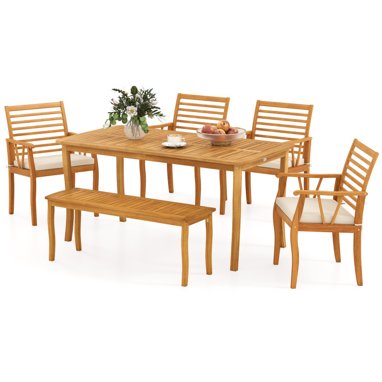 Acacia Wood Outdoor Table and Bench Chairs Set with 1.97 Inch Umbrella Hole - Image 3