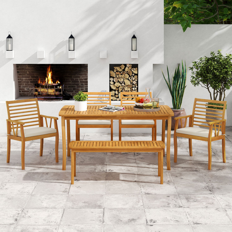 Acacia Wood Outdoor Table and Bench Chairs Set with 1.97 Inch Umbrella Hole - Image 2