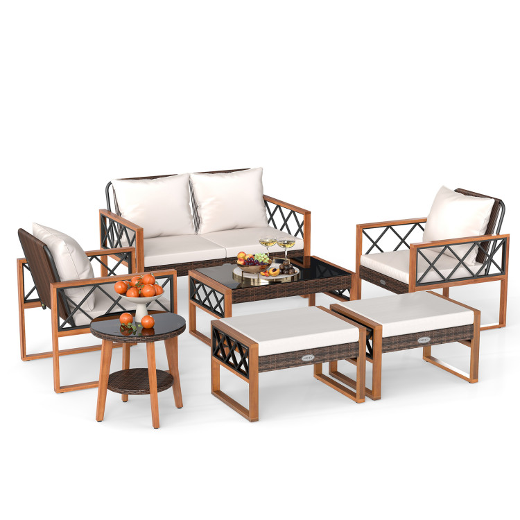 7 Pieces Patio Furniture Set PE Wicker Acacia Wood Outdoor Conversation Set - Image 4