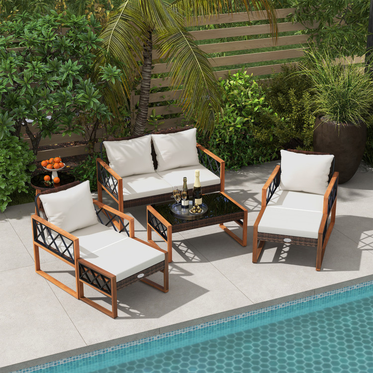7 Pieces Patio Furniture Set PE Wicker Acacia Wood Outdoor Conversation Set - Image 2