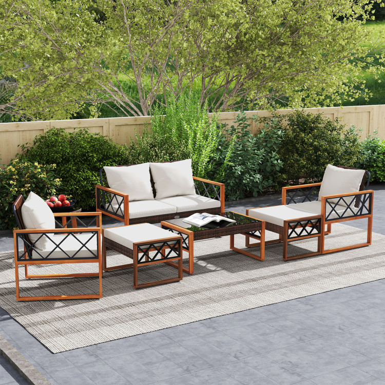 7 Pieces Patio Furniture Set PE Wicker Acacia Wood Outdoor Conversation Set - Image 3