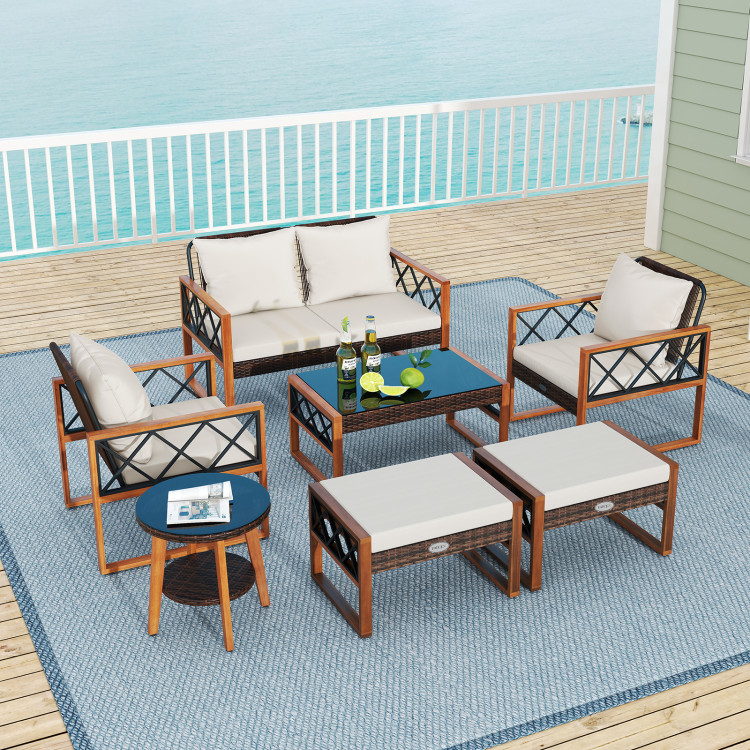 7 Pieces Patio Furniture Set PE Wicker Acacia Wood Outdoor Conversation Set - Image 6