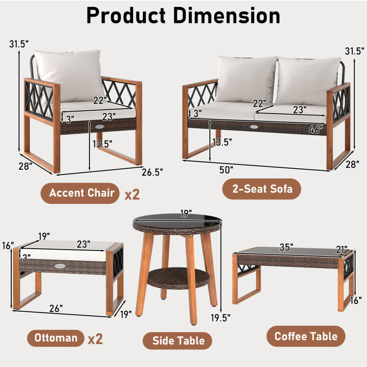 7 Pieces Patio Furniture Set PE Wicker Acacia Wood Outdoor Conversation Set - Image 5