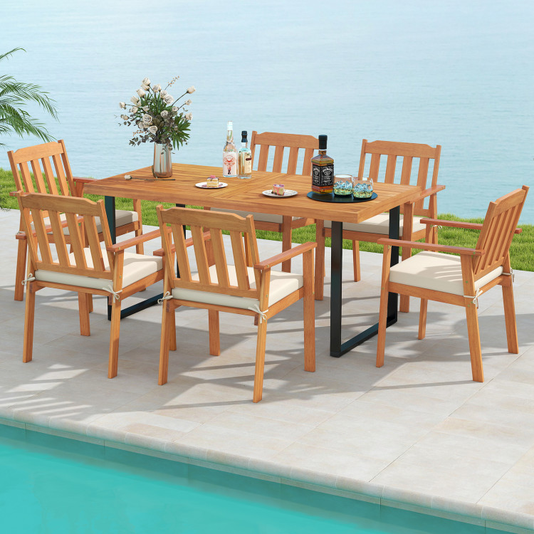 7 Pieces Patio Dining Table Set 63" Rectangle Table and 6 Acacia Wood Armchairs - Image 2
