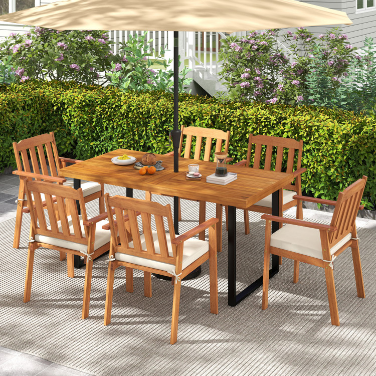 7 Pieces Patio Dining Table Set 63" Rectangle Table and 6 Acacia Wood Armchairs - Image 3
