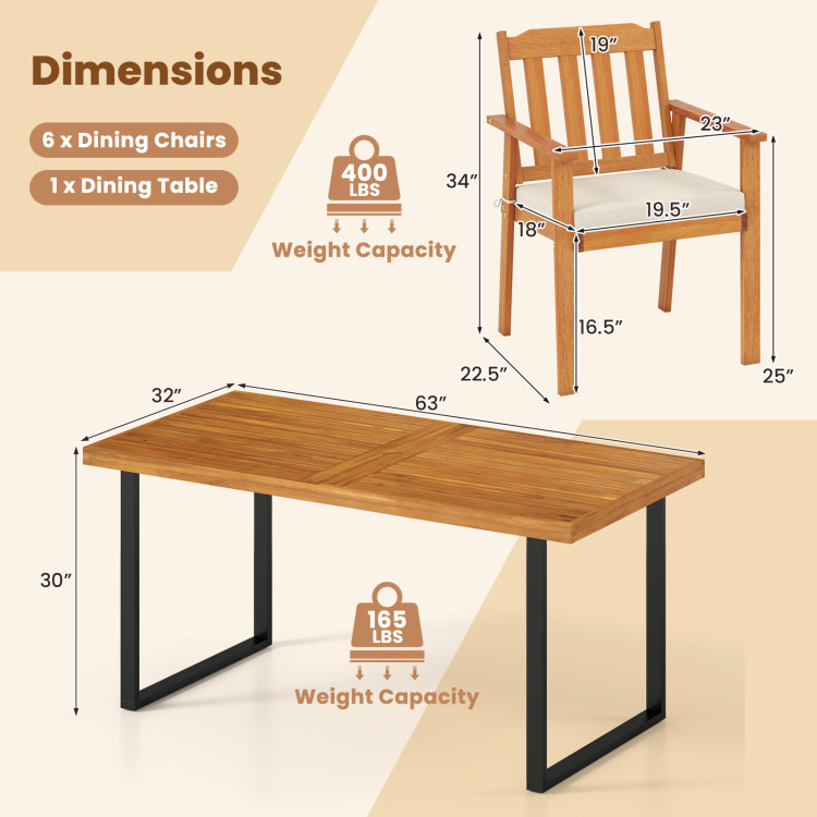 7 Pieces Patio Dining Table Set 63" Rectangle Table and 6 Acacia Wood Armchairs - Image 5