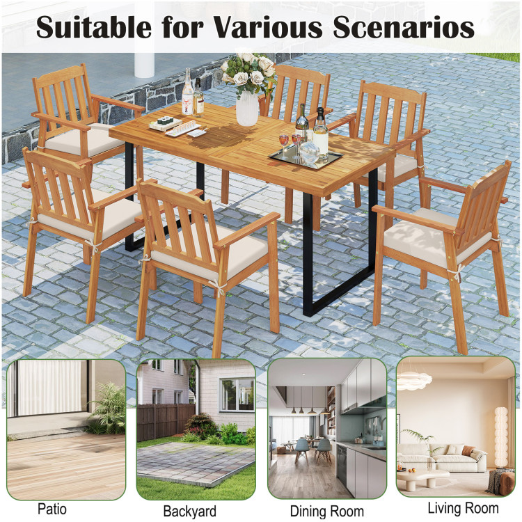 7 Pieces Patio Dining Table Set 63" Rectangle Table and 6 Acacia Wood Armchairs - Image 10