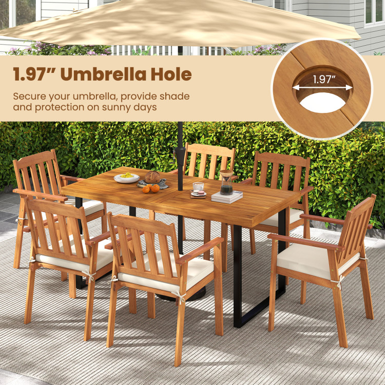 7 Pieces Patio Dining Table Set 63" Rectangle Table and 6 Acacia Wood Armchairs - Image 9
