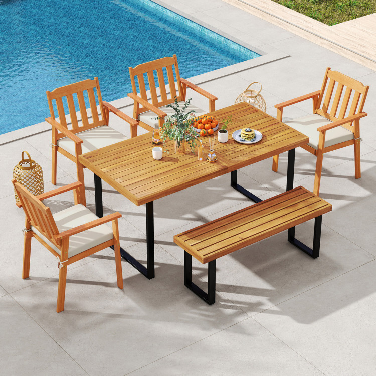 6 Pieces Patio Dining Table Set 63" Rectangle Table with 4 Acacia Wood Armchairs and Backless Bench - Image 2