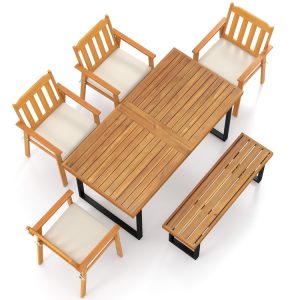 6 Pieces Patio Dining Table Set 63" Rectangle Table with 4 Acacia Wood Armchairs and Backless Bench