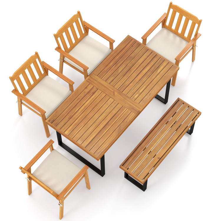 6 Pieces Patio Dining Table Set 63" Rectangle Table with 4 Acacia Wood Armchairs and Backless Bench
