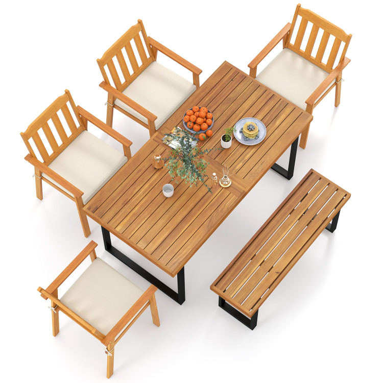 6 Pieces Patio Dining Table Set 63" Rectangle Table with 4 Acacia Wood Armchairs and Backless Bench - Image 3
