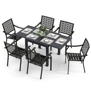 Patio Rectangular Aluminum Table and Stackable Armchairs Set with Slatted Tabletop and Seats