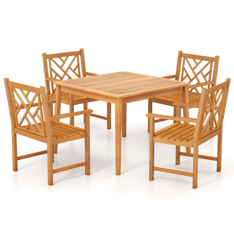 5-Pieces Patio Dining Table Set Wood Square Dining Table with 4 Chairs and Slatted Tabletop - Image 4