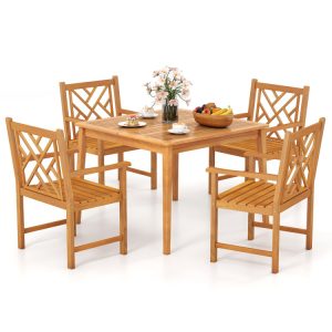 5-Pieces Patio Dining Table Set Wood Square Dining Table with 4 Chairs and Slatted Tabletop