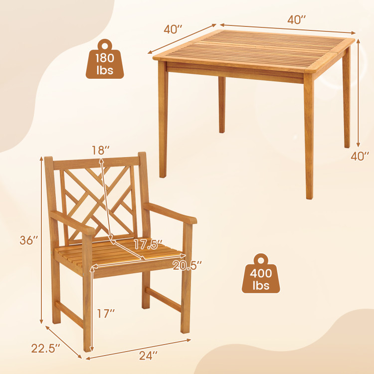 5-Pieces Patio Dining Table Set Wood Square Dining Table with 4 Chairs and Slatted Tabletop - Image 5