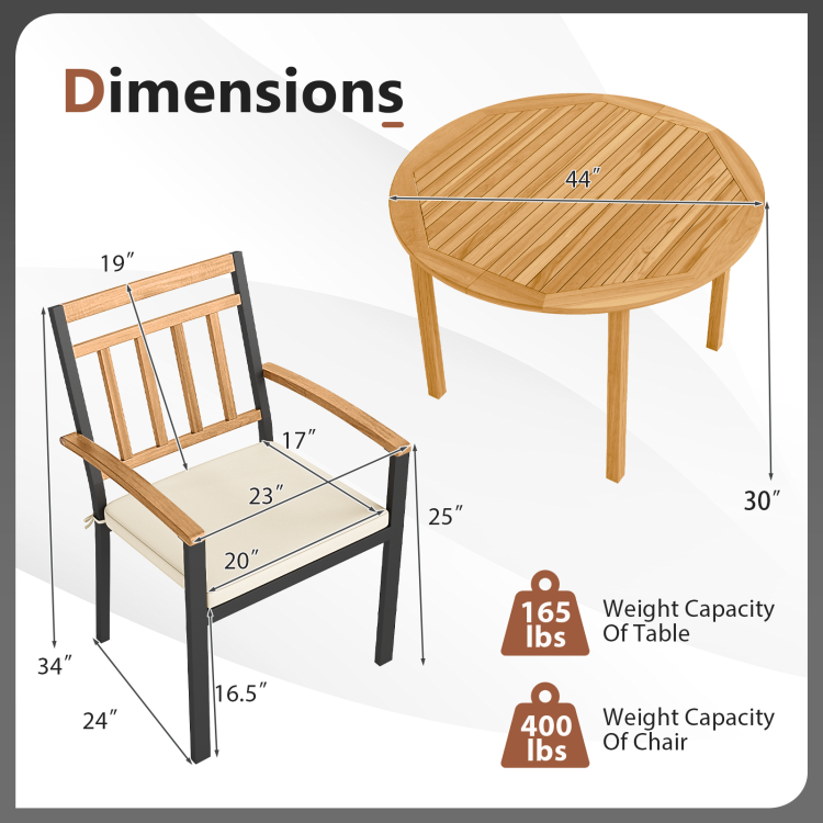 5 Pieces Outdoor Acacia Wood Dining Set Patio Round Table and Metal Chairs with Cushions - Image 5