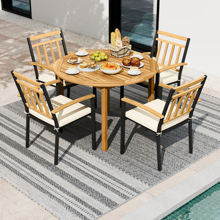 5 Pieces Outdoor Acacia Wood Dining Set Patio Round Table and Metal Chairs with Cushions - Image 2