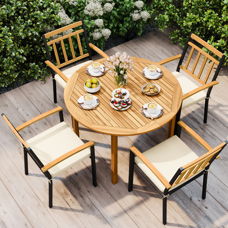 5 Pieces Outdoor Acacia Wood Dining Set Patio Round Table and Metal Chairs with Cushions - Image 3