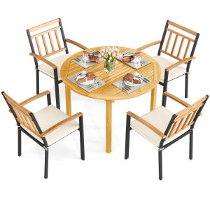 5 Pieces Outdoor Acacia Wood Dining Set Patio Round Table and Metal Chairs with Cushions
