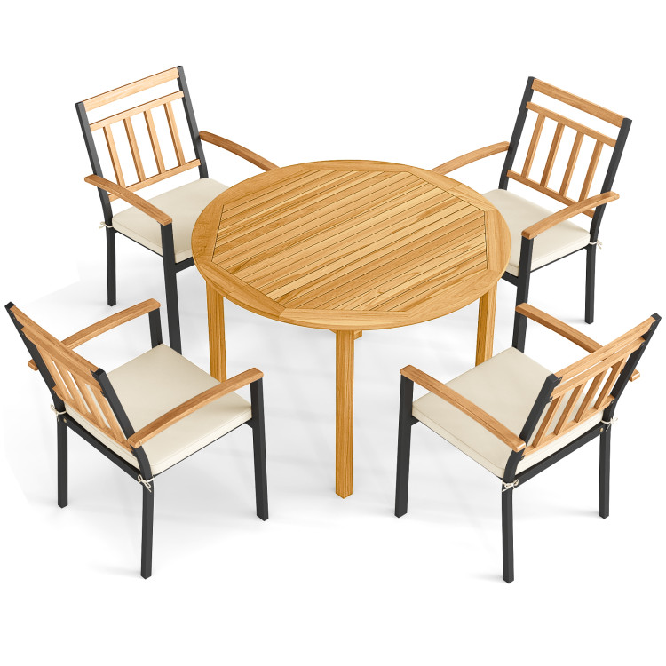 5 Pieces Outdoor Acacia Wood Dining Set Patio Round Table and Metal Chairs with Cushions - Image 4