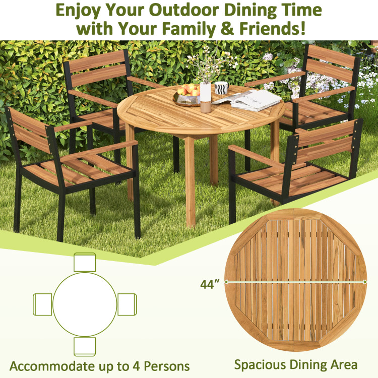 5 Pieces Outdoor Acacia Wood Dining Set Patio Round Table and Metal Chairs with Cushions - Image 7
