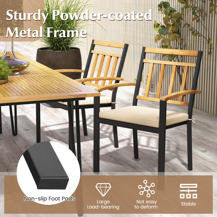 5 Pieces Outdoor Acacia Wood Dining Set Patio Round Table and Metal Chairs with Cushions - Image 9
