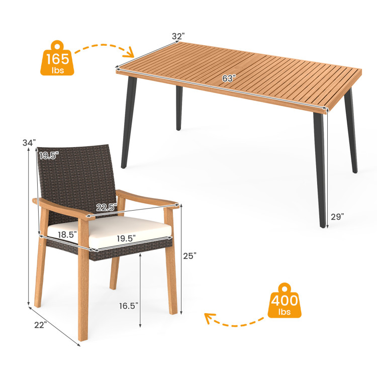 7-Pieces Patio Dining Table Set Acacia Wood Table and 6 Armchairs - Image 5
