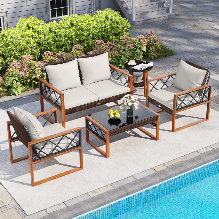 5 Pieces PE Wicker Patio Furniture Set with Acacia Wood Frame - Image 2
