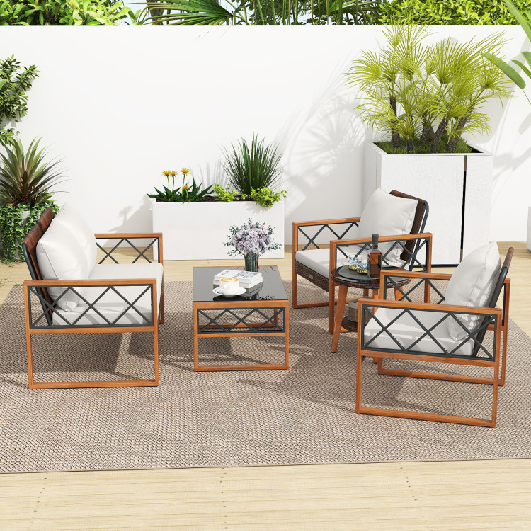 5 Pieces PE Wicker Patio Furniture Set with Acacia Wood Frame - Image 3